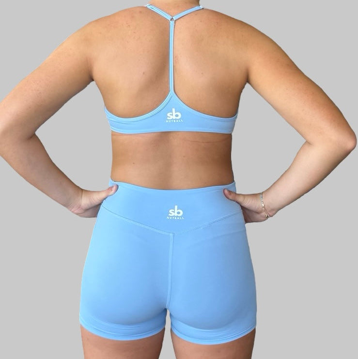 Set - SPORTS  - T Back Crop & Side pocket Short - SKY BLUE