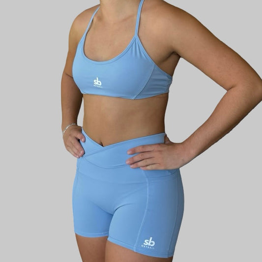 Set - SPORTS  - T Back Crop & Side pocket Short - SKY BLUE